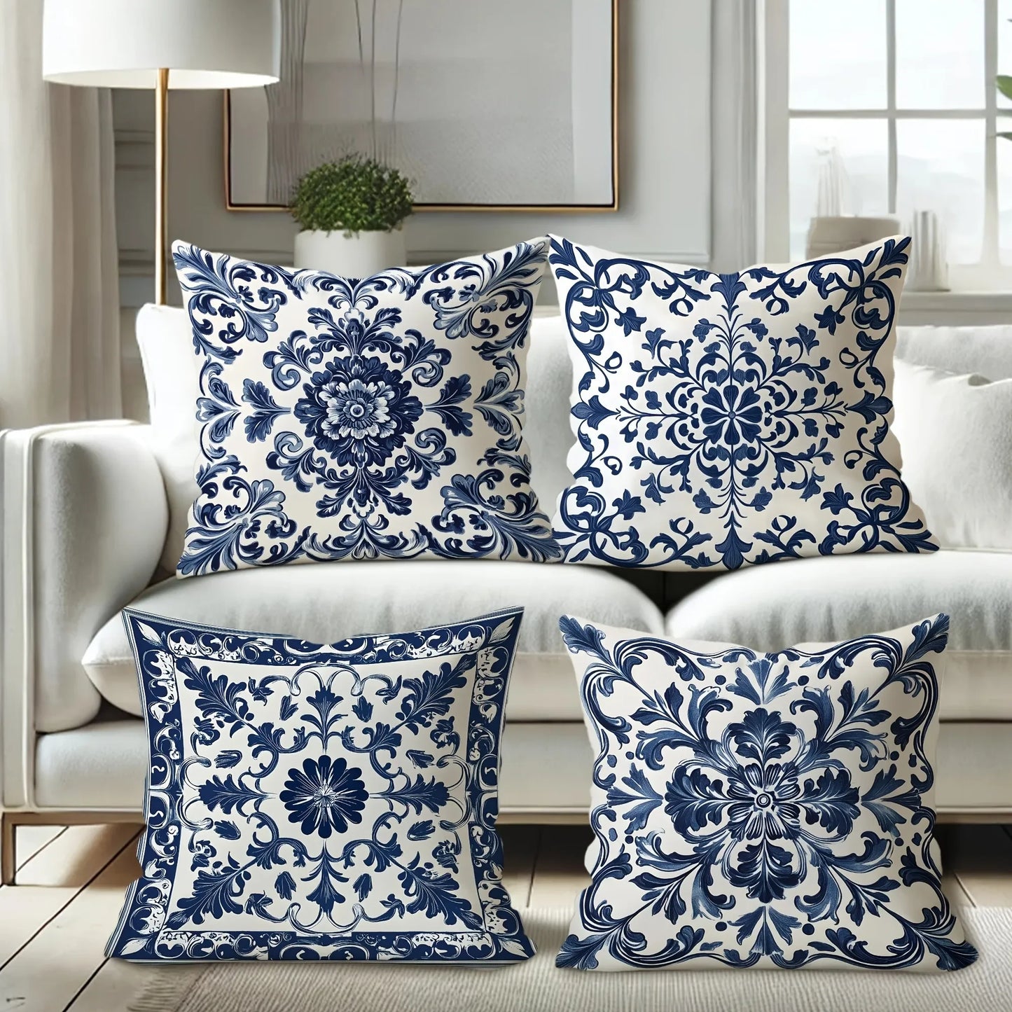 4pc Bohemian Blue and White Floral PillowcaseSuitable for sofa car bedroom decorative cushion cover pillow cover
