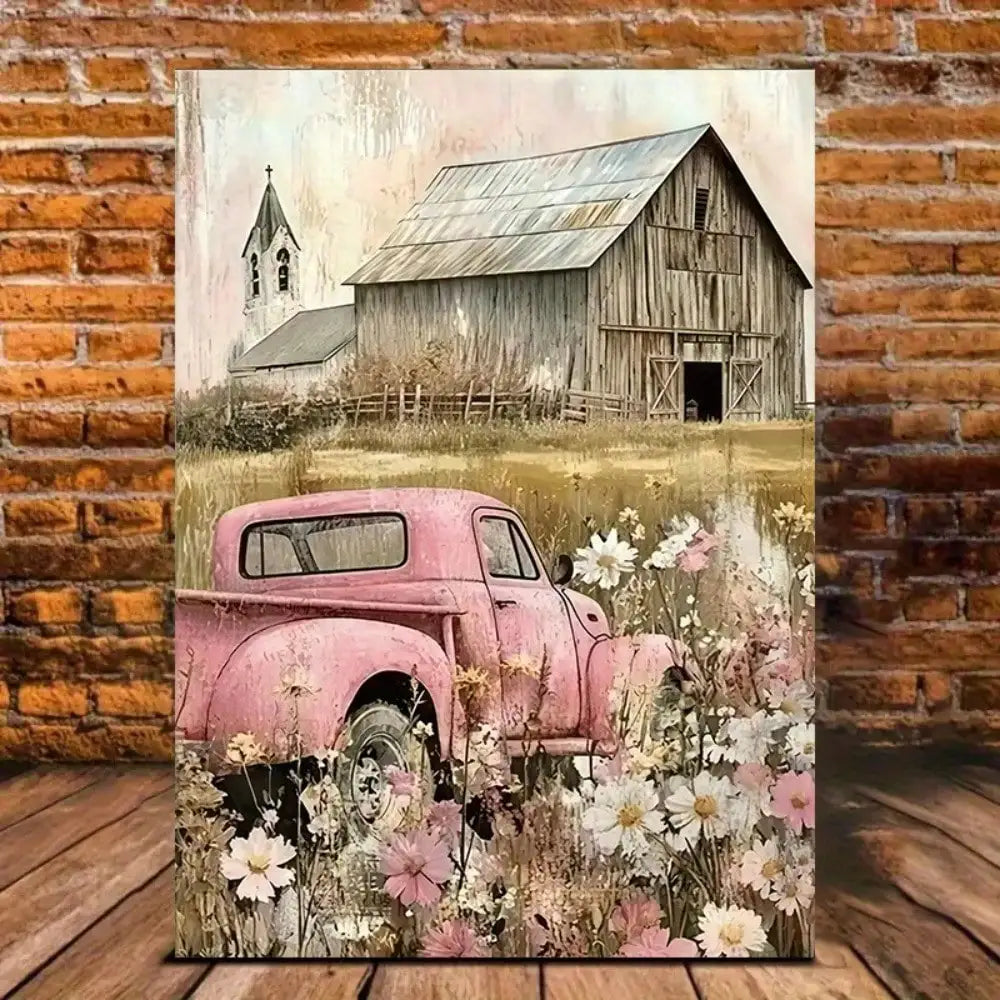 1Pc Framed Vintage Pink Truck Canvas Art | Flower-Adorned Design, Premium Canvas | Rustic Farmhouse & Countryside Style