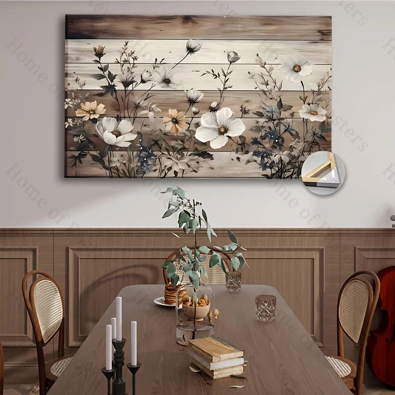 1Pc Framed Canvas Wall Art | White Daisies & Bluebells | Beige/Brown Wood Frame (Golden Hues) | Farmhouse Spring Floral Decor