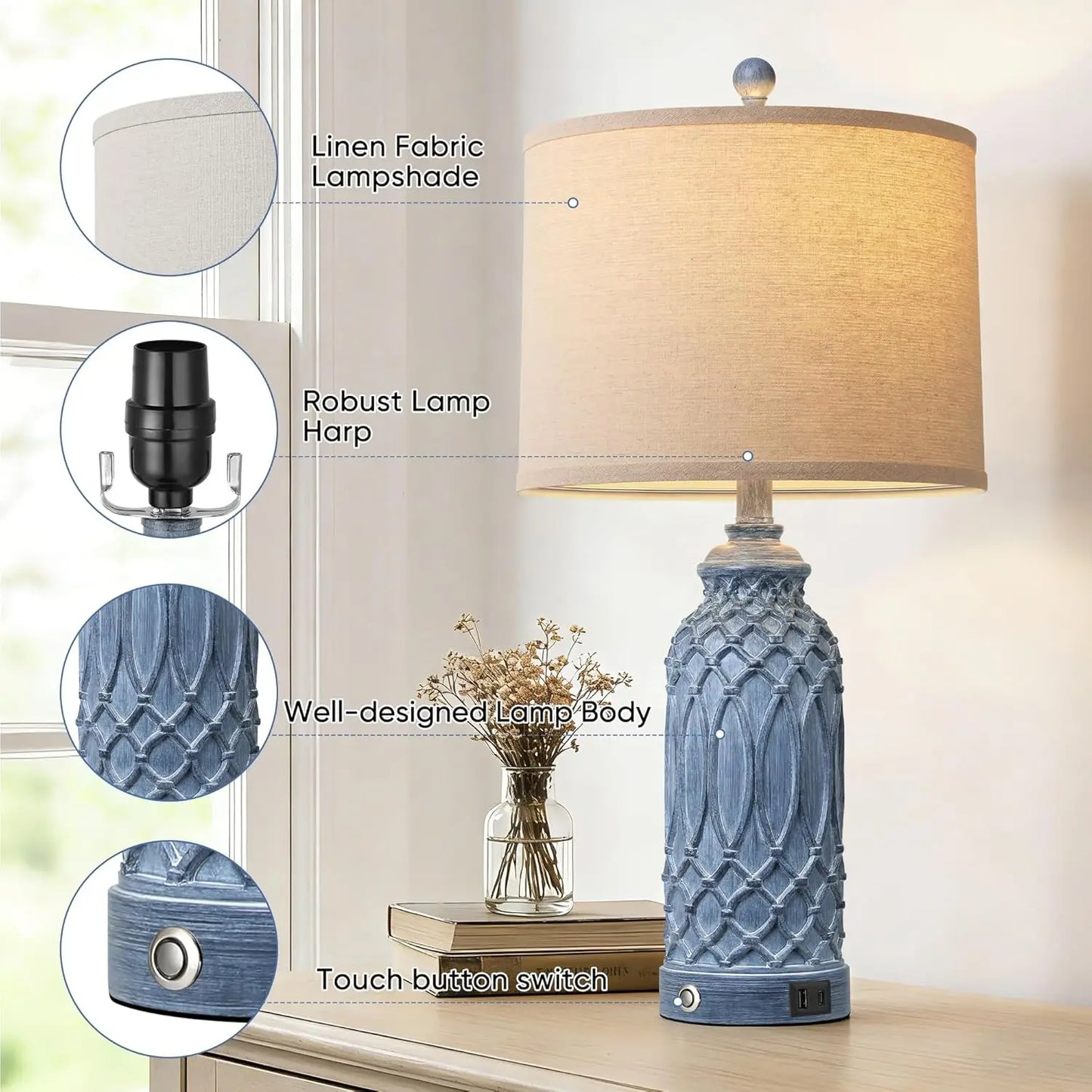 Farmhouse Table Lamps Set of 2 with USB Ports, Touch Switch, Linen Shade for Living Room Bedroom Decor