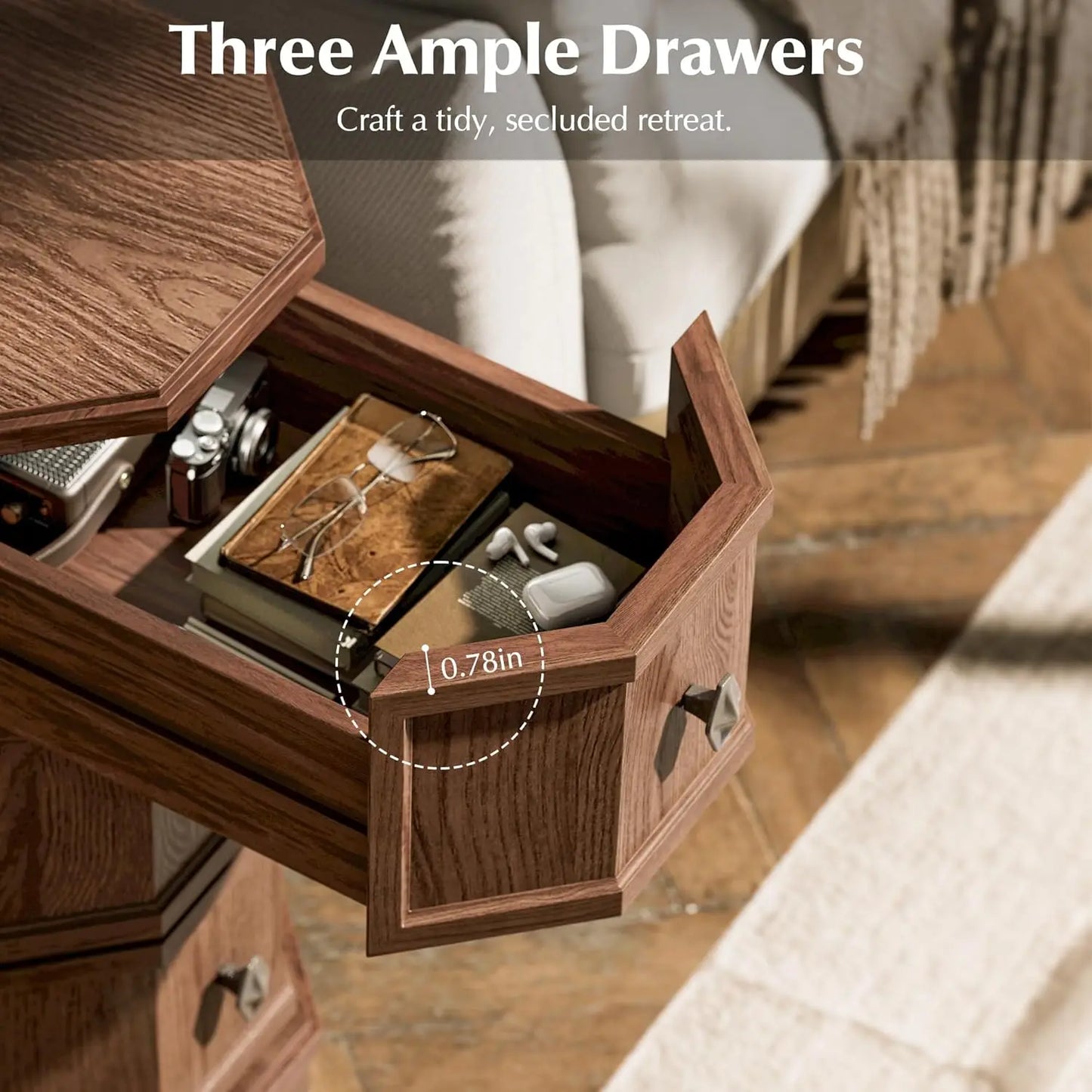 Nightstand Set of 2 with Charging Station, Vintage Wood End Table with 3 Drawer, Narrow Side Table, Slim, Customized