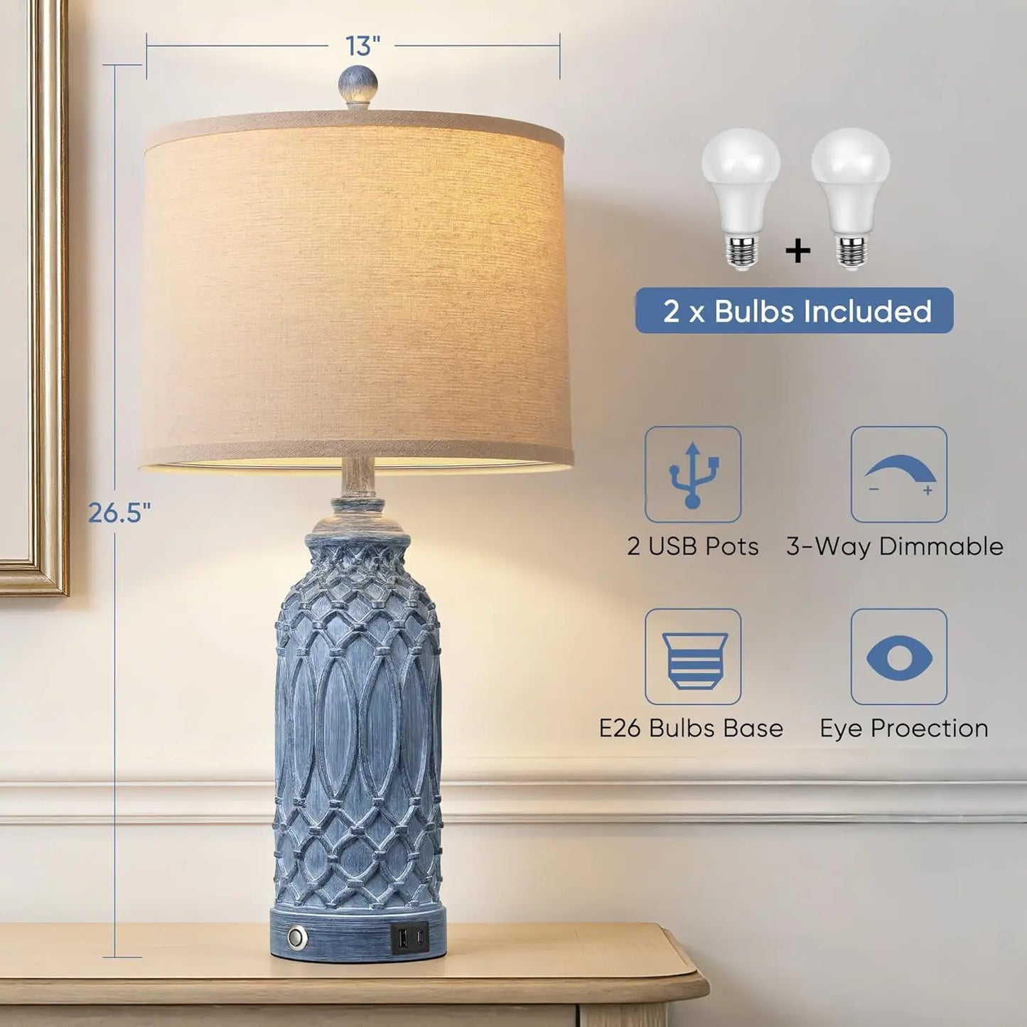 Farmhouse Table Lamps Set of 2 with USB Ports, Touch Switch, Linen Shade for Living Room Bedroom Decor