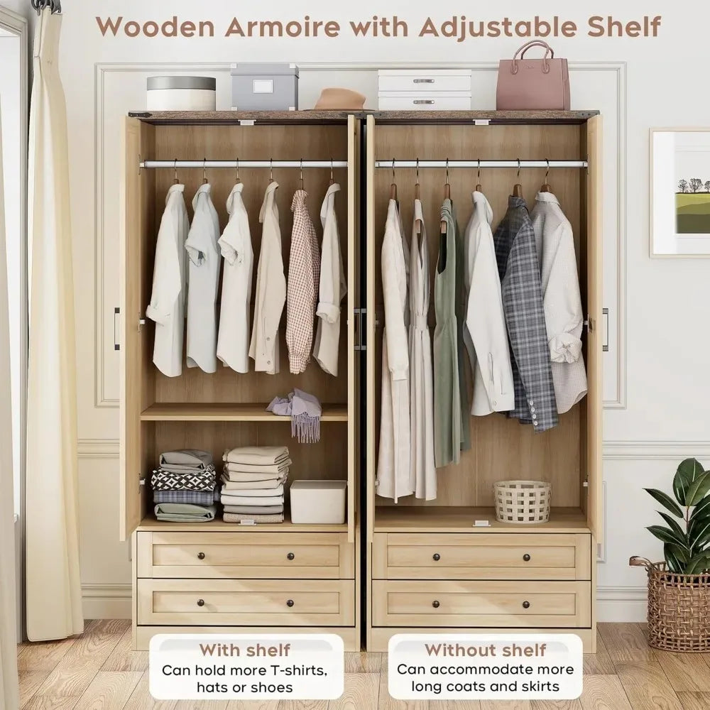 Wooden Armoire Wardrobe Closet with 2 Modern Doors, 71" Tall Freestanding Closet Wardrobe Cabinet with Drawers，Customized