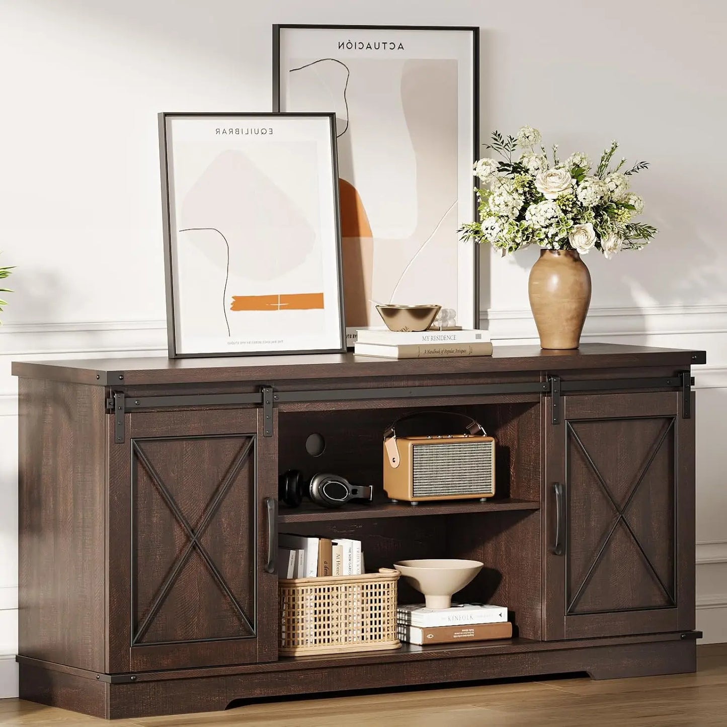 Farmhouse Tv Stand And Entertainment Center For Tv Up To 65 Hes With Sliding Barn Doors And Adjustable Shelf, Tv Media Console