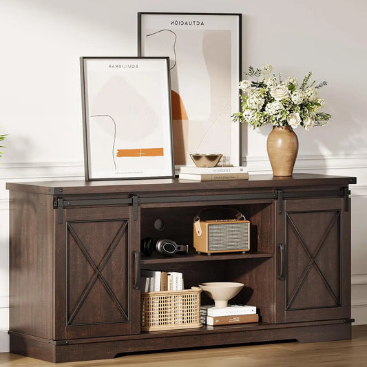 Farmhouse Tv Stand And Entertainment Center For Tv Up To 65 Hes With Sliding Barn Doors And Adjustable Shelf, Tv Media Console
