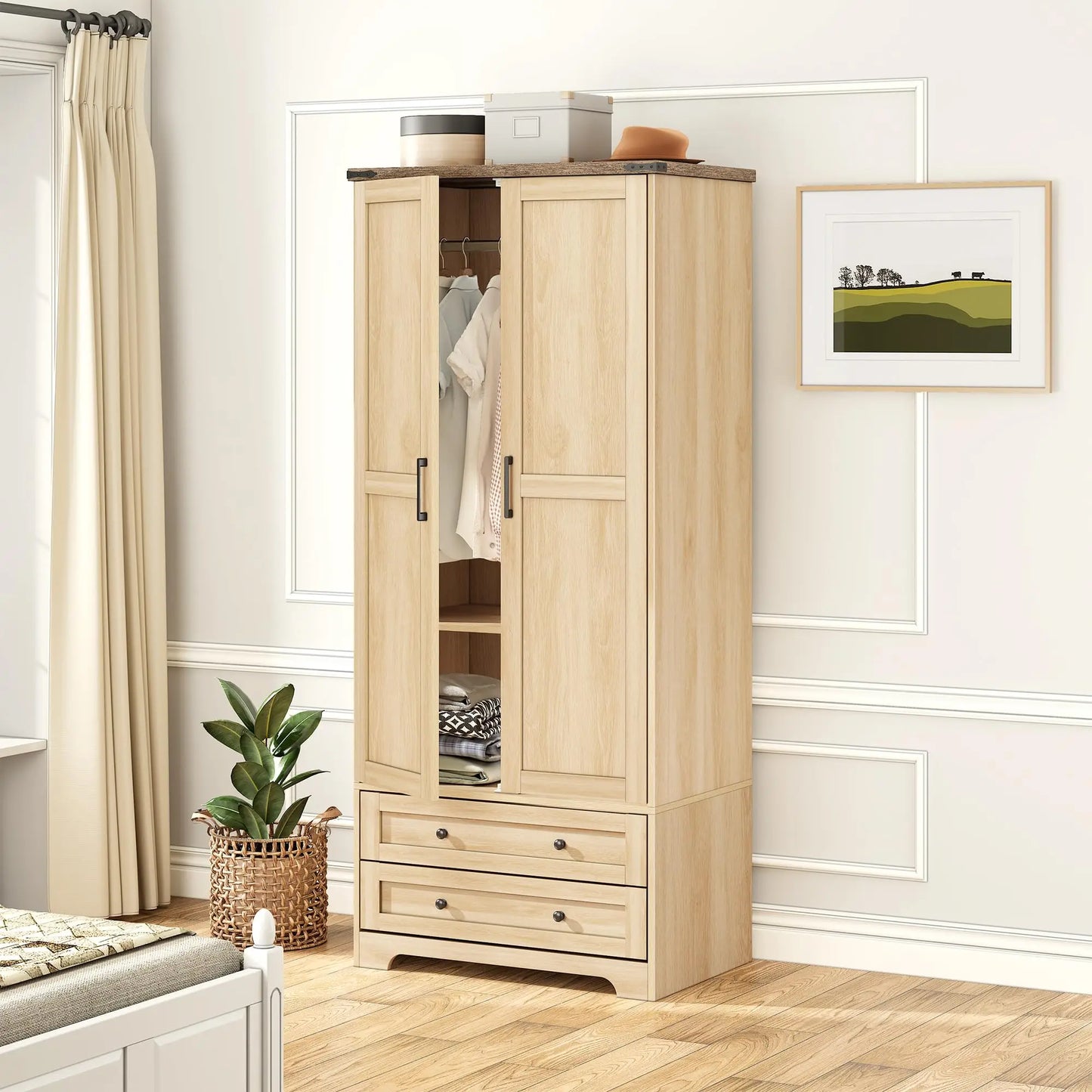 Wooden Armoire Wardrobe Closet with 2 Modern Doors, 71" Tall Freestanding Closet Wardrobe Cabinet with Drawers，Customized
