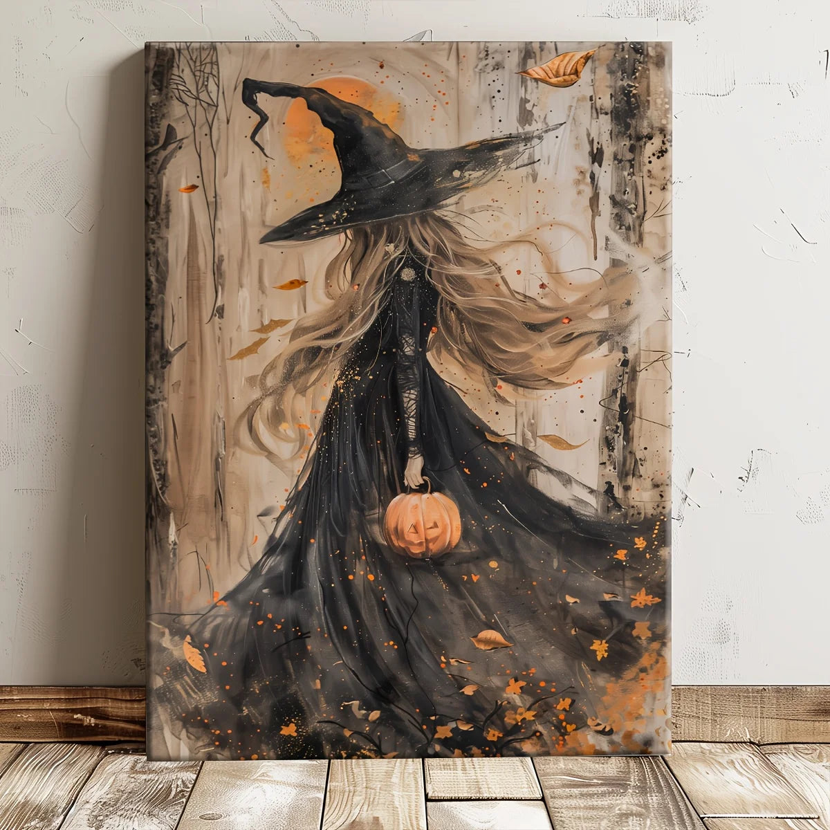 1Pc Pine-Framed Autumn Witch Canvas | Mysterious Forest Theme | Living Room/Bedroom/Corridor Halloween Decor