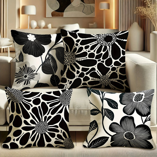 4pcs Floral Cushion Covers - Modern Botanical Decor with Zip Closure, Soft Polyester Pillow Cases in Black & Grey for Living Roo
