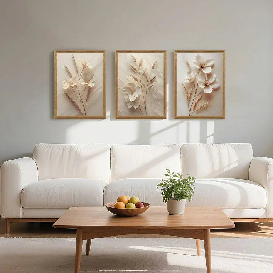 3Pcs Framed Neutral Beige Floral Canvas Wall art, Modern Simple Textur ...