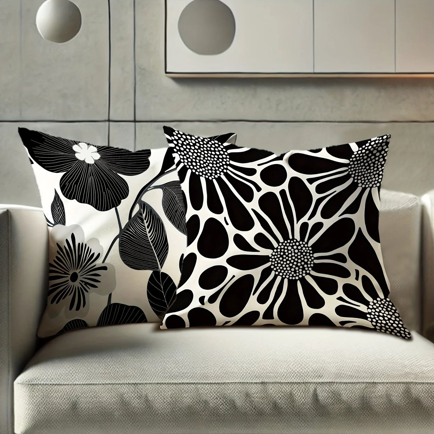 4pcs Floral Cushion Covers - Modern Botanical Decor with Zip Closure, Soft Polyester Pillow Cases in Black & Grey for Living Roo