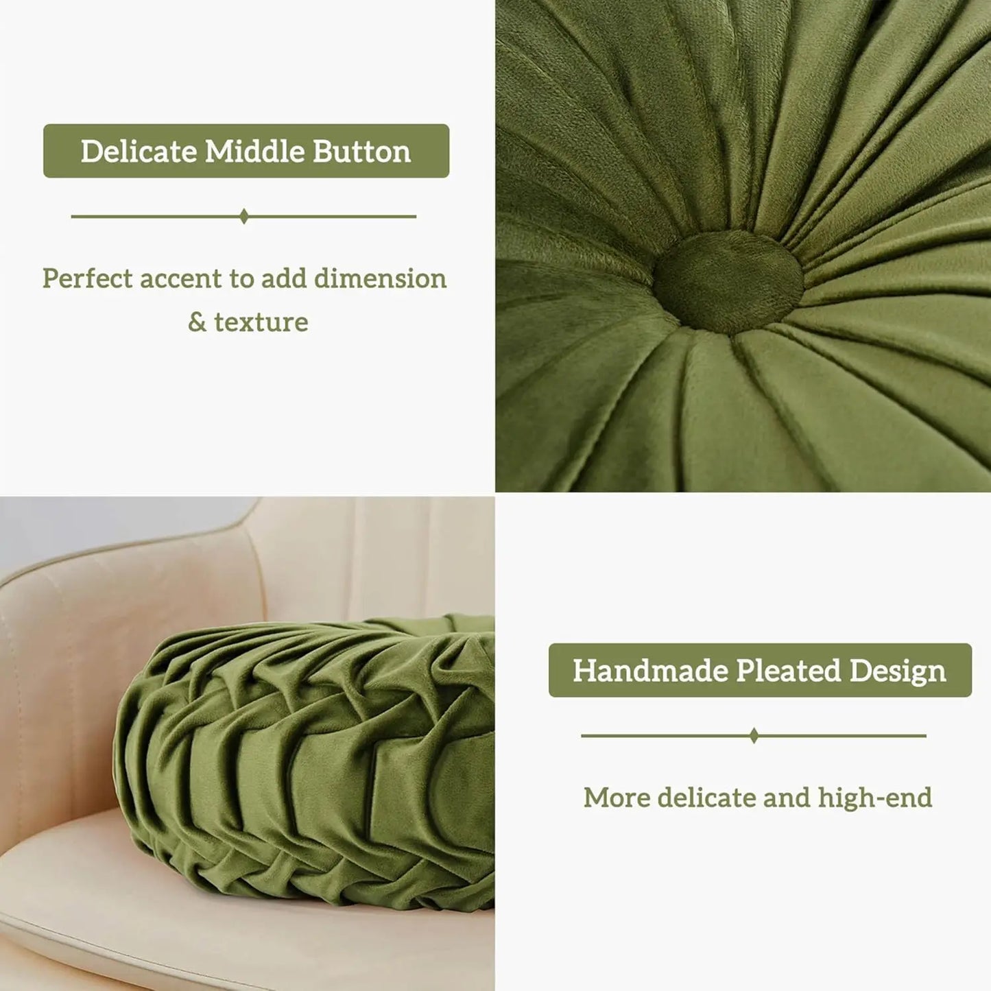 Set of 2 Round Pleated Throw Pillows, Vintage Velvet Accent Cushions for Sofa Bed Chair, Olive Green, 14.5" Diameter