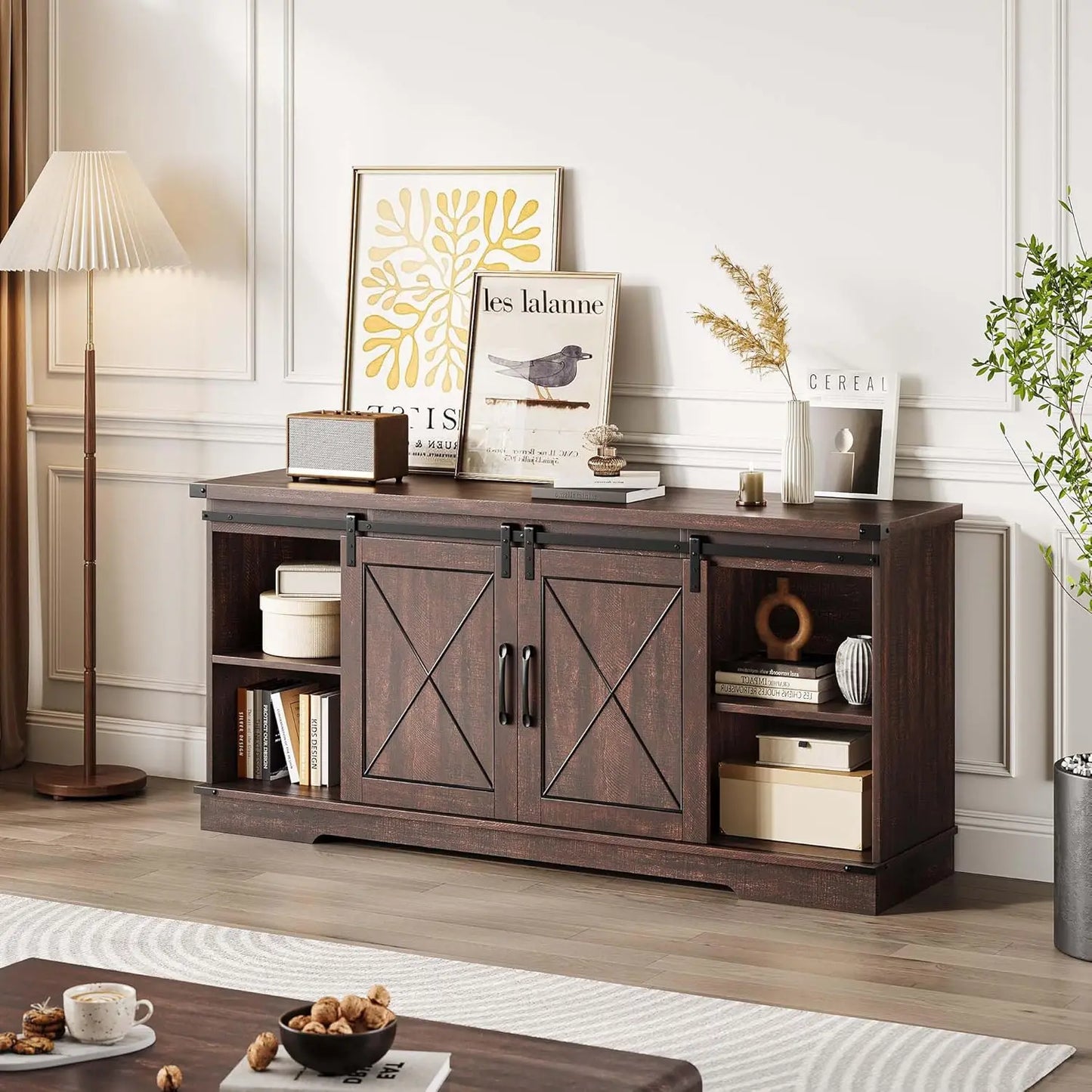 Farmhouse Tv Stand And Entertainment Center For Tv Up To 65 Hes With Sliding Barn Doors And Adjustable Shelf, Tv Media Console