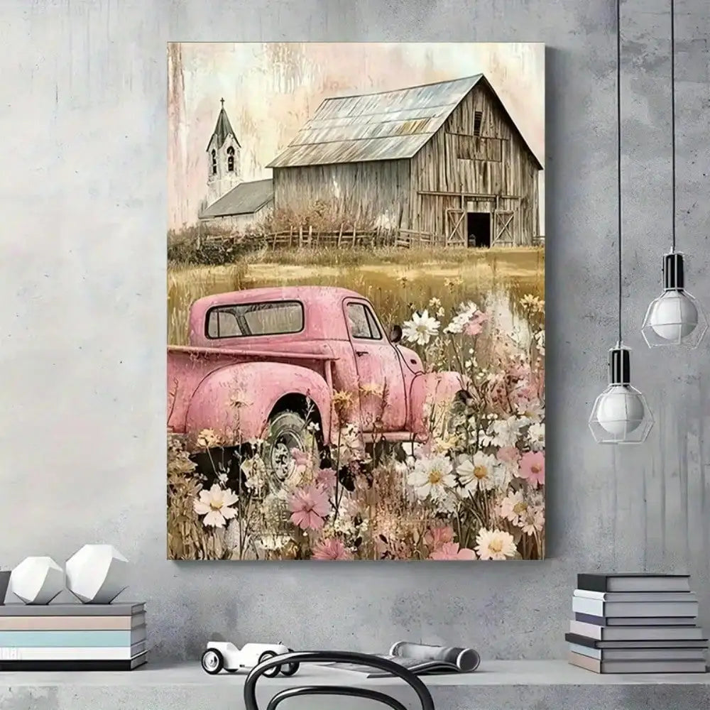 1Pc Framed Vintage Pink Truck Canvas Art | Flower-Adorned Design, Premium Canvas | Rustic Farmhouse & Countryside Style