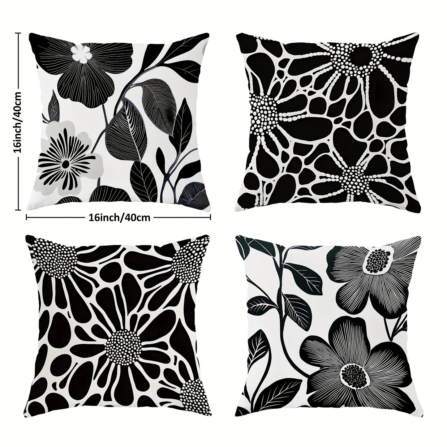 4pcs Floral Cushion Covers - Modern Botanical Decor with Zip Closure, Soft Polyester Pillow Cases in Black & Grey for Living Roo