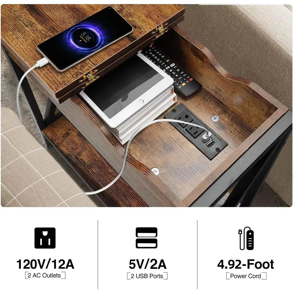 End Tables Living Room Set of 2, Narrow Side Table with Charging Station, 12" D x 24" W x 24" H, Flip Top End Table with USB Por