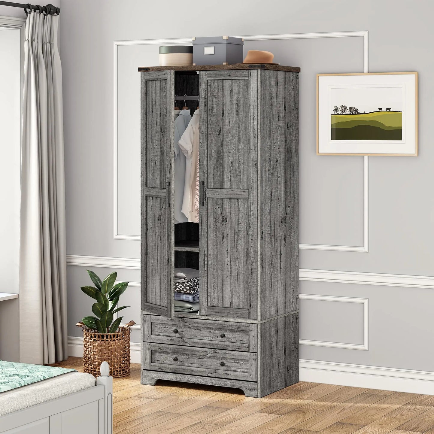 Wooden Armoire Wardrobe Closet with 2 Modern Doors, 71" Tall Freestanding Closet Wardrobe Cabinet with Drawers，Customized