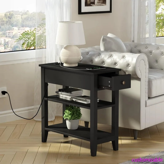 Black End Table Set of 2, Sofa Side Table Living Room with Charging Station,Narrow Night Stand with USB Ports & Power Outlets a