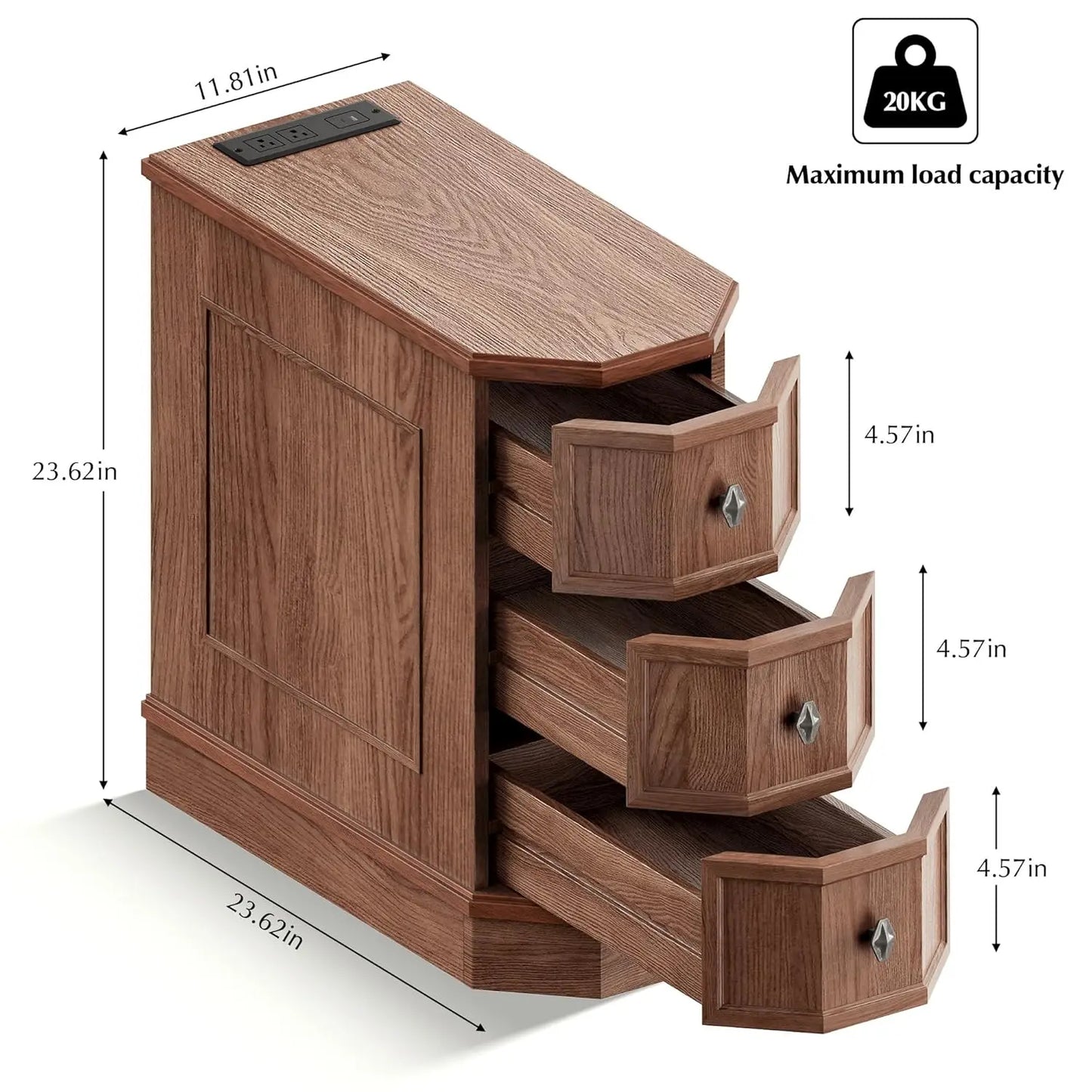Nightstand Set of 2 with Charging Station, Vintage Wood End Table with 3 Drawer, Narrow Side Table, Slim, Customized