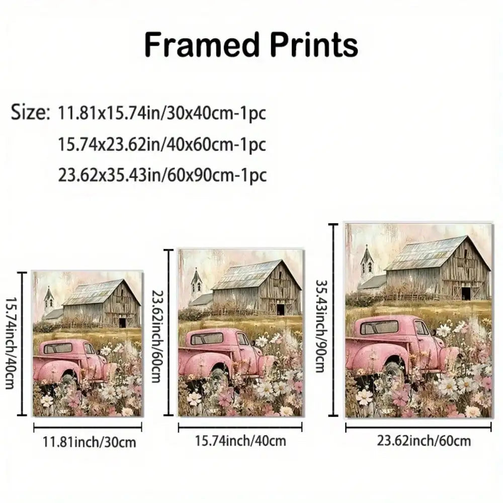 1Pc Framed Vintage Pink Truck Canvas Art | Flower-Adorned Design, Premium Canvas | Rustic Farmhouse & Countryside Style