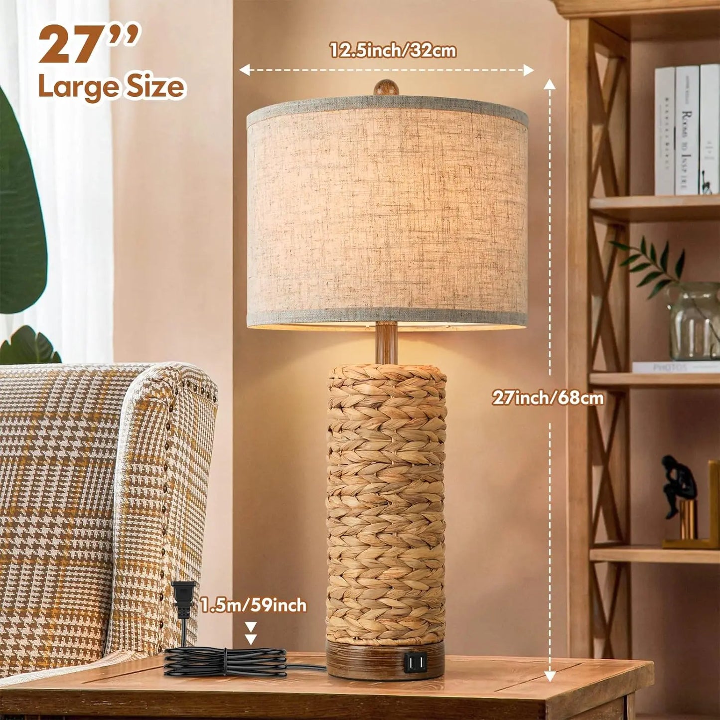 Set of 2 Rattan Table Lamps with USB Ports, 27In Tall Farmhouse Bedside Lamps for Living Room, E26 Socket