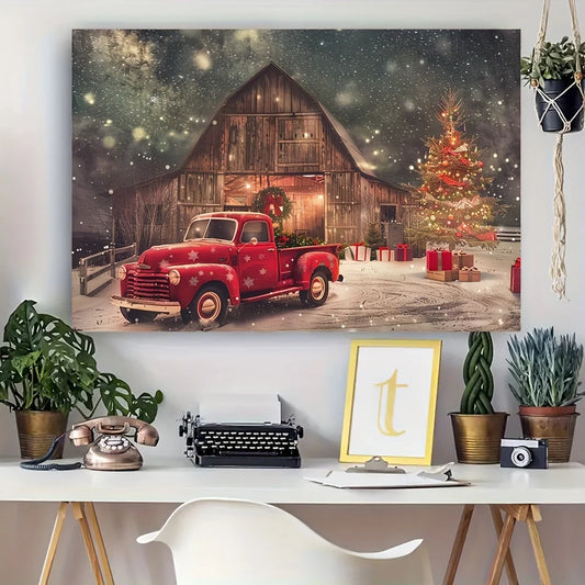 1pc Vintage Red Truck Farmhouse Wall Decor (Heavy Thick Wood Frame, Rustic Barn & Winter Snow-Covered Truck Scene