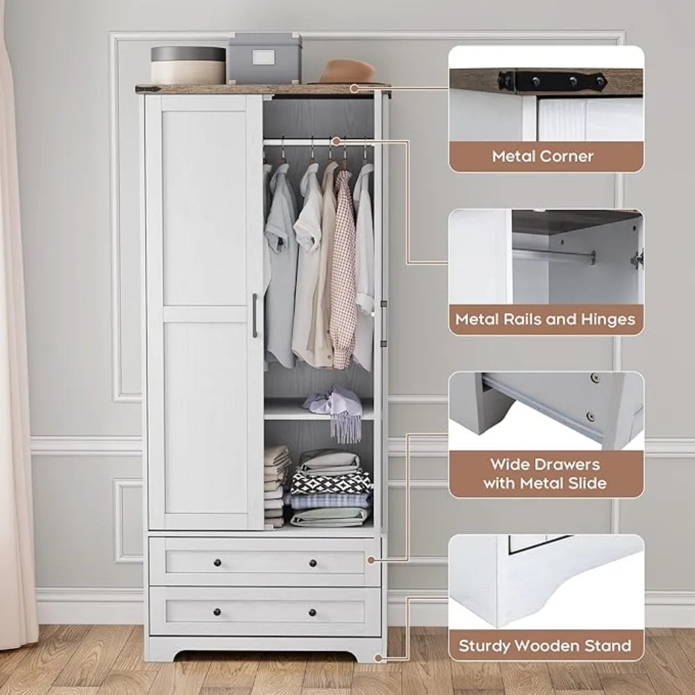 Wooden Armoire Wardrobe Closet with 2 Modern Doors, 71" Tall Freestanding Closet Wardrobe Cabinet with Drawers，Customized