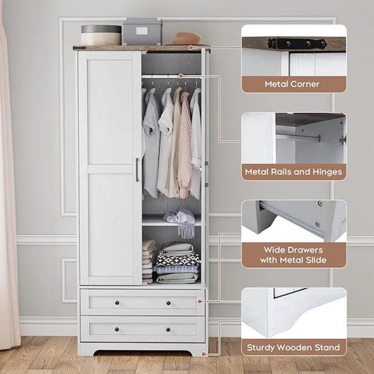 Wooden Armoire Wardrobe Closet with 2 Modern Doors, 71" Tall Freestanding Closet Wardrobe Cabinet with Drawers，Customized