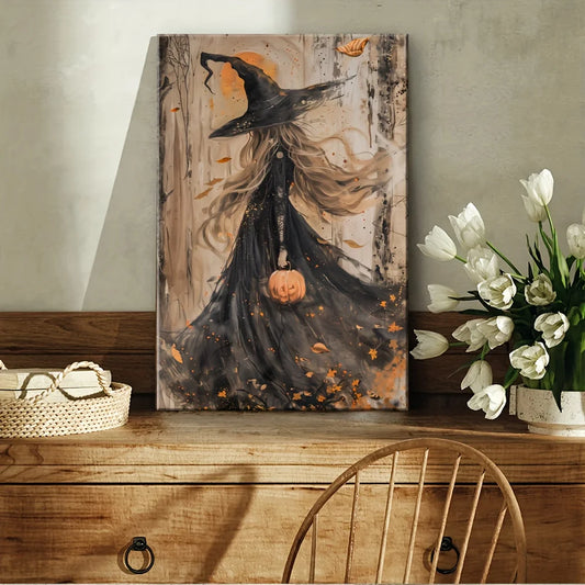 1Pc Pine-Framed Autumn Witch Canvas | Mysterious Forest Theme | Living Room/Bedroom/Corridor Halloween Decor