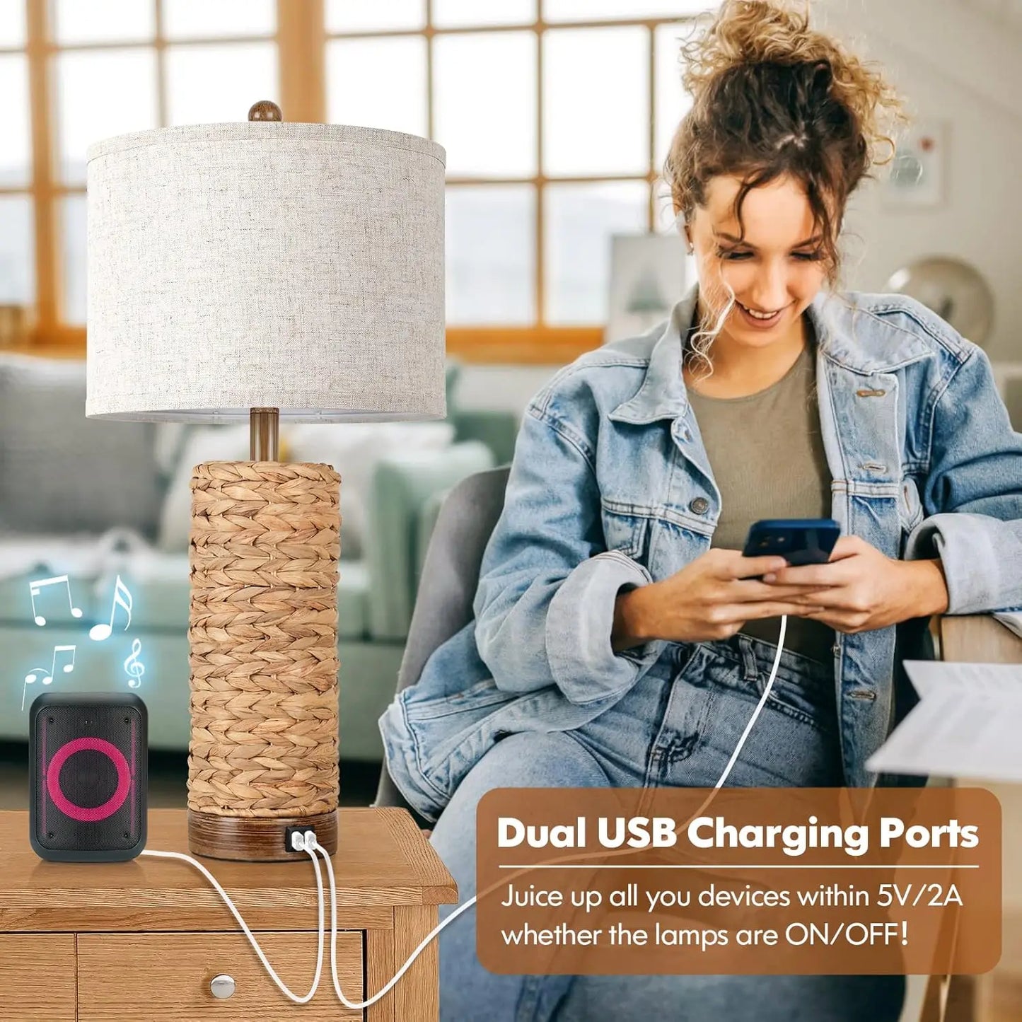 Set of 2 Rattan Table Lamps with USB Ports, 27In Tall Farmhouse Bedside Lamps for Living Room, E26 Socket