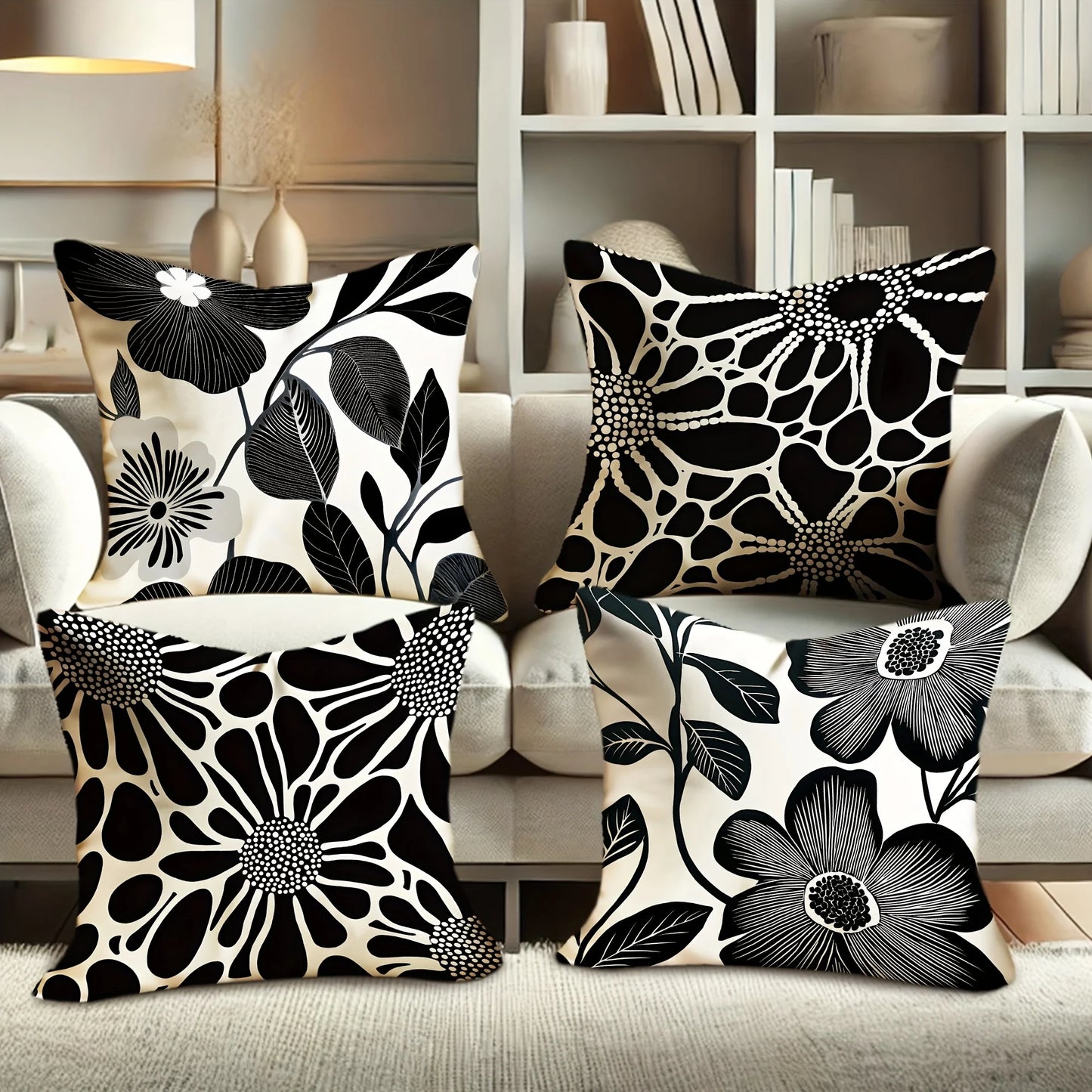 4pcs Floral Cushion Covers - Modern Botanical Decor with Zip Closure, Soft Polyester Pillow Cases in Black & Grey for Living Roo