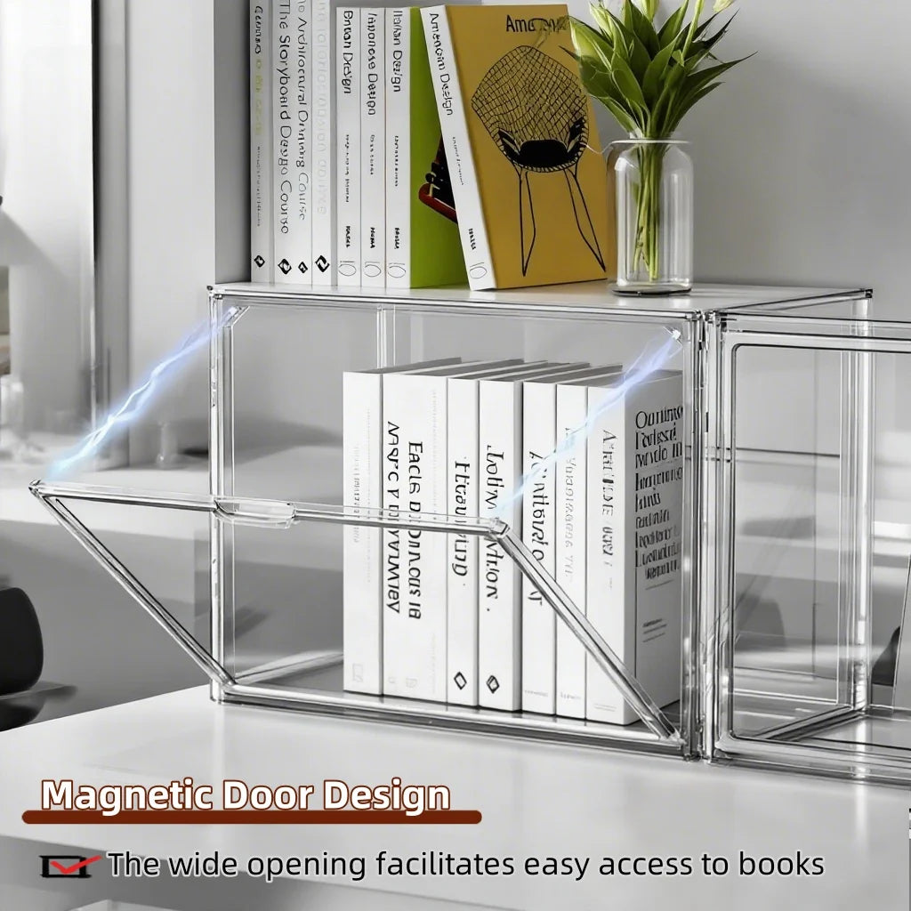 4 Pack Clear Display Box Organizer Stackable with Magnetic Door Large Capacity Storage Box Purse Showcase For Book Collectibles
