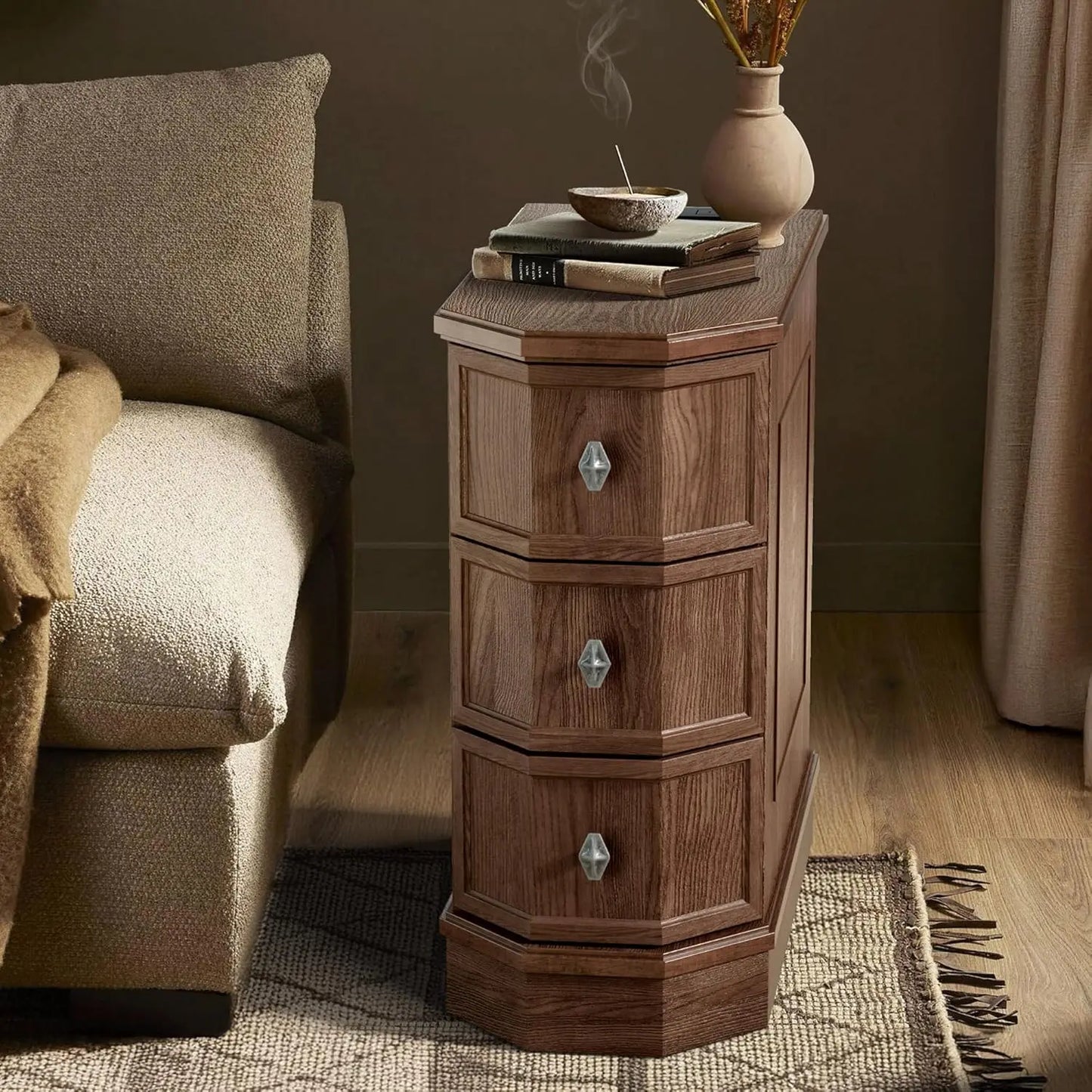 Nightstand Set of 2 with Charging Station, Vintage Wood End Table with 3 Drawer, Narrow Side Table, Slim, Customized