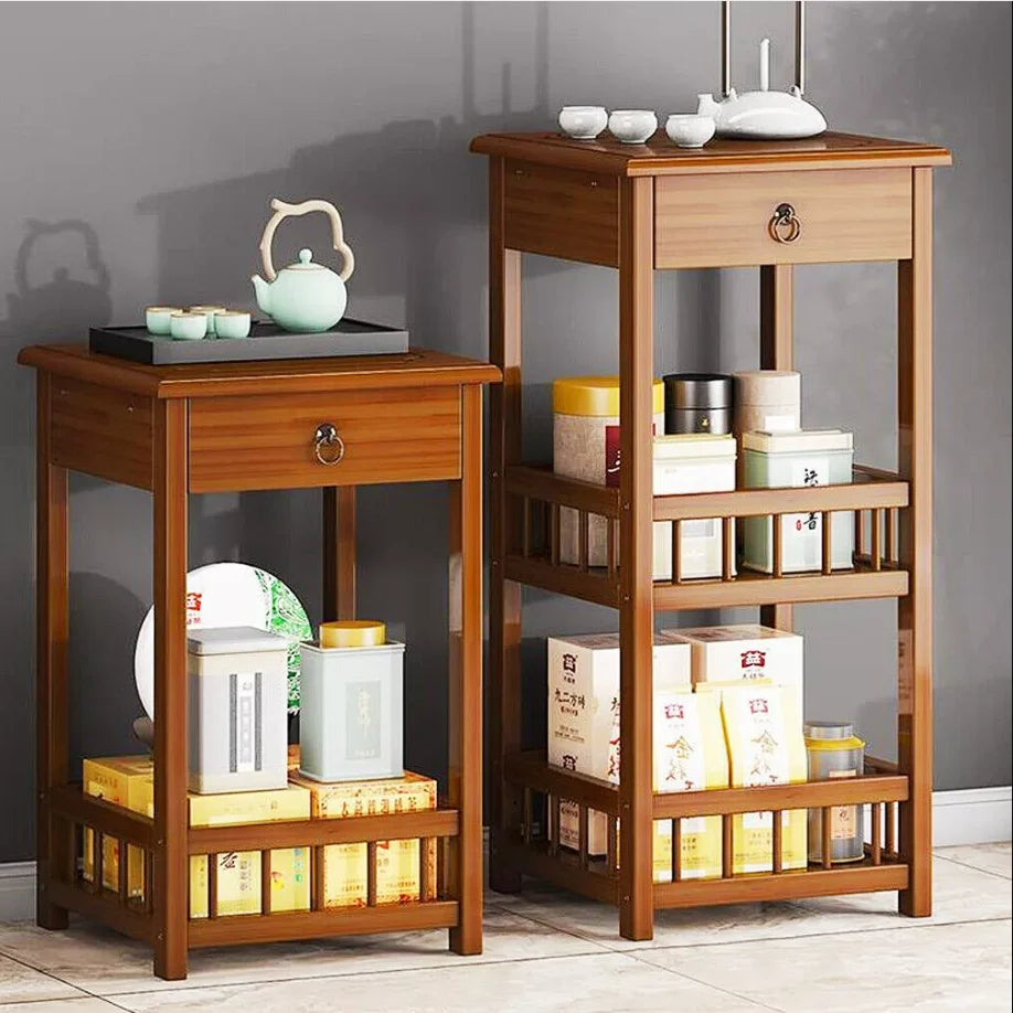 2/3 Tier Bamboo Bedside Table Sofa End Table with Drawer Plant Display Storage Shelf Unit