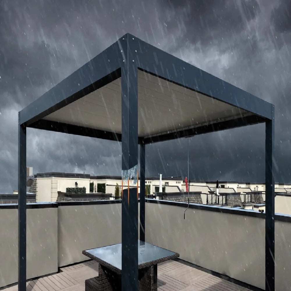Aluminum Bioclimatic Pergola with Adjustable Louvers and Glass Sliding Doors – Ideal for Rooftop Lounges or Modern Balconies