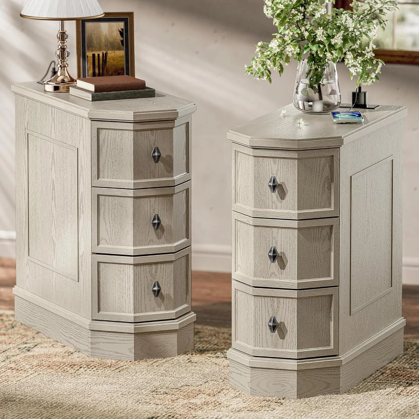 Nightstand Set of 2 with Charging Station, Vintage Wood End Table with 3 Drawer, Narrow Side Table, Slim, Customized
