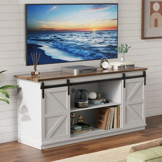 Farmhouse TV Stand for Televisions up to 65 Inches, Sliding Barn Doors and Storage Cabinets, Console Table and Media Furniture