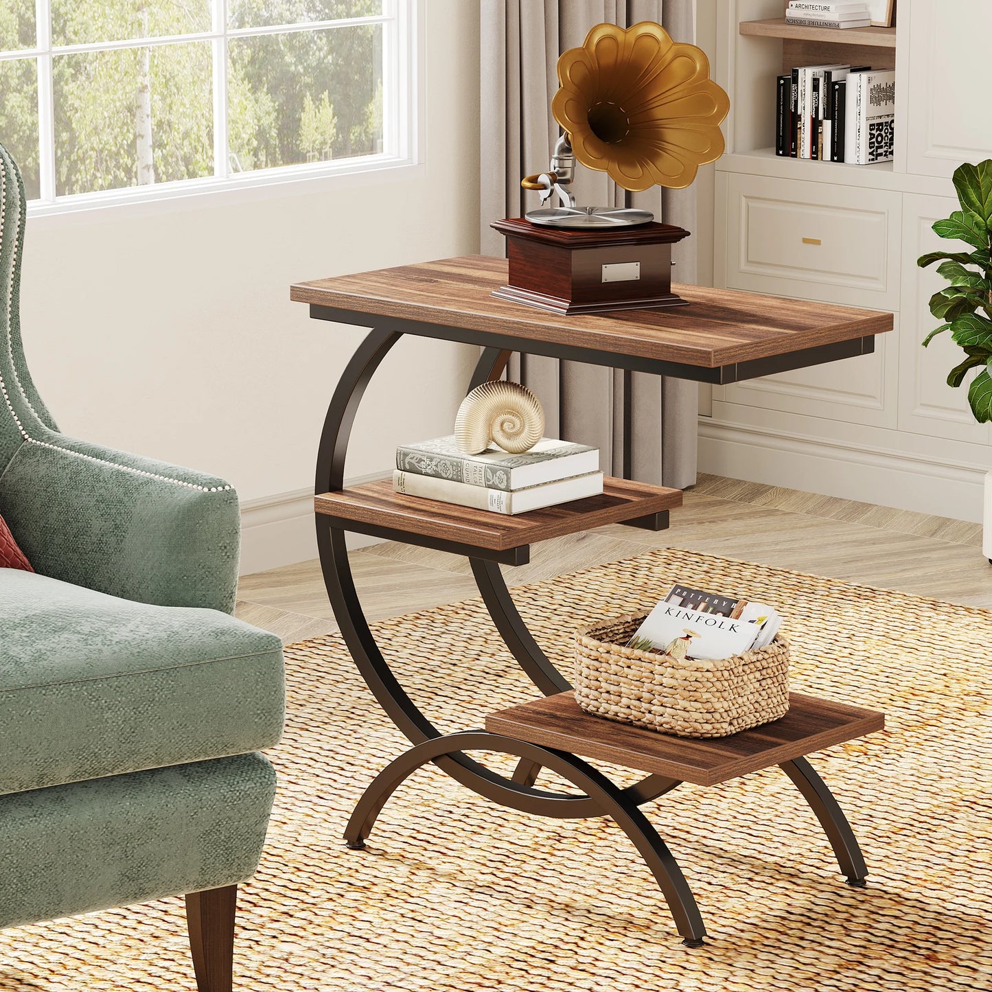 C-Shaped End Table, Industrial 3-Tier Small Table for Couch, Wood Bedside Table Snack Table with Storage Shelves