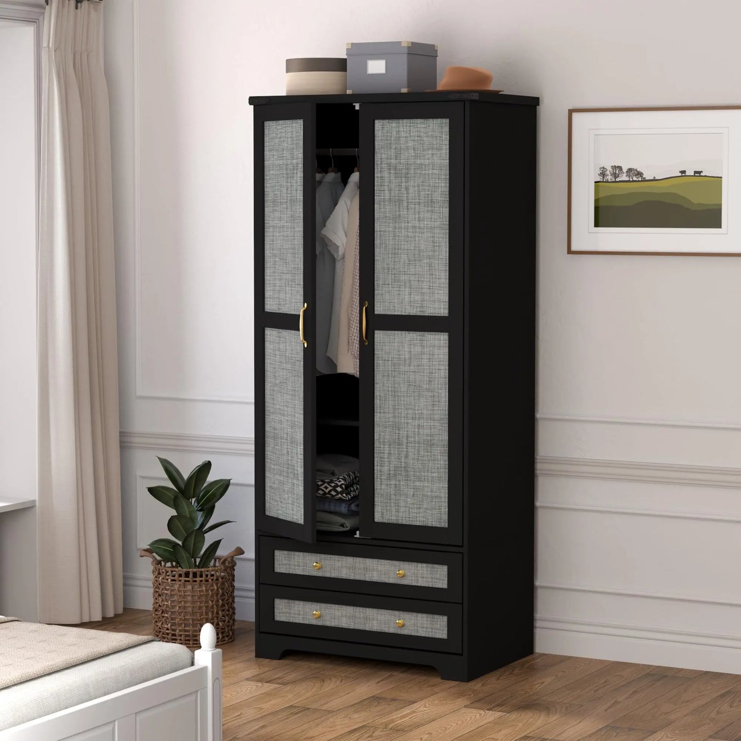 Wooden Armoire Wardrobe Closet with 2 Modern Doors, 71" Tall Freestanding Closet Wardrobe Cabinet with Drawers，Customized