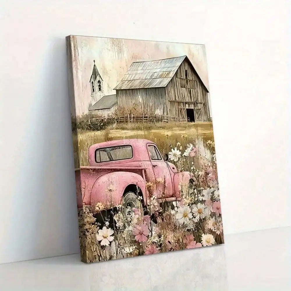 1Pc Framed Vintage Pink Truck Canvas Art | Flower-Adorned Design, Premium Canvas | Rustic Farmhouse & Countryside Style