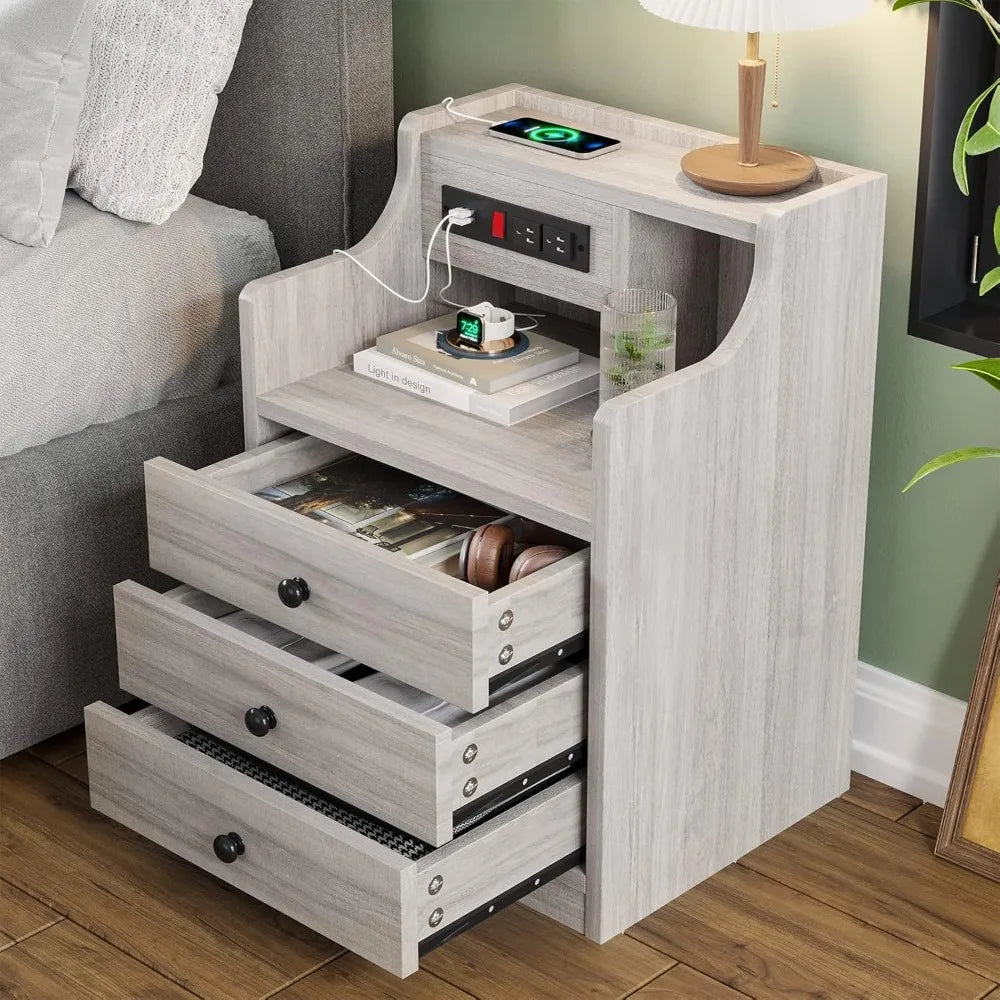 Nightstand Set 2,Gray Nightstand with Charging Station & Hutch,Night Stands for Bedrooms Set of 2,Bedside Table with Drawers