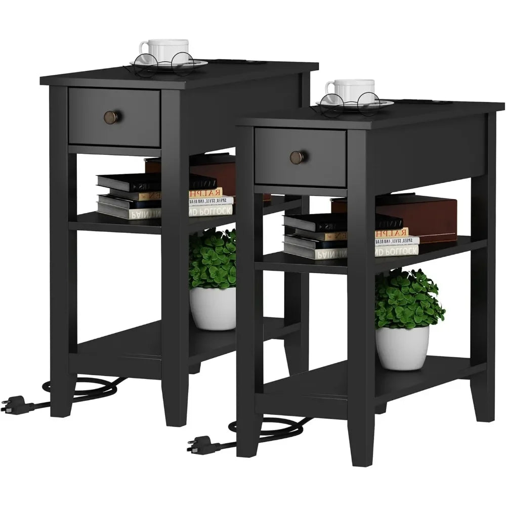 Black End Table Set of 2, Sofa Side Table Living Room with Charging Station,Narrow Night Stand with USB Ports & Power Outlets a