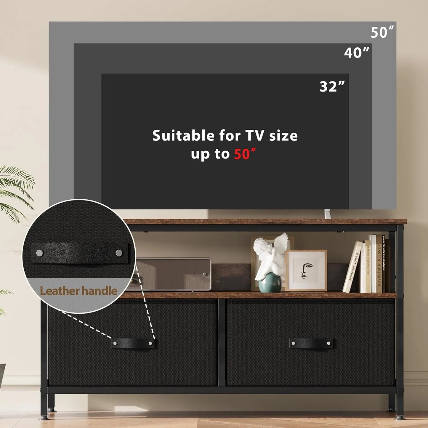 TV Console Stand Dresser with Storage Living Room 2-Drawer Entertainment Center with Open Shelf Fabric Drawer TV Cabinet