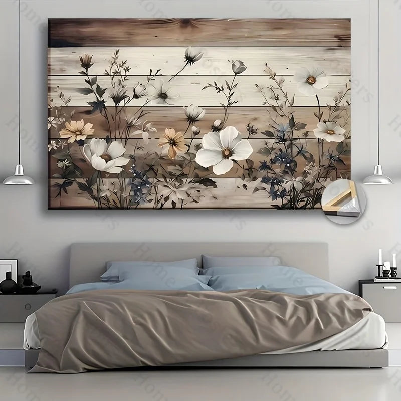 1Pc Framed Canvas Wall Art | White Daisies & Bluebells | Beige/Brown Wood Frame (Golden Hues) | Farmhouse Spring Floral Decor