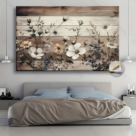 1Pc Framed Canvas Wall Art | White Daisies & Bluebells | Beige/Brown Wood Frame (Golden Hues) | Farmhouse Spring Floral Decor