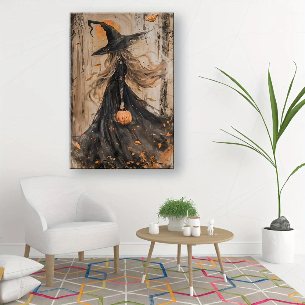 1Pc Pine-Framed Autumn Witch Canvas | Mysterious Forest Theme | Living Room/Bedroom/Corridor Halloween Decor