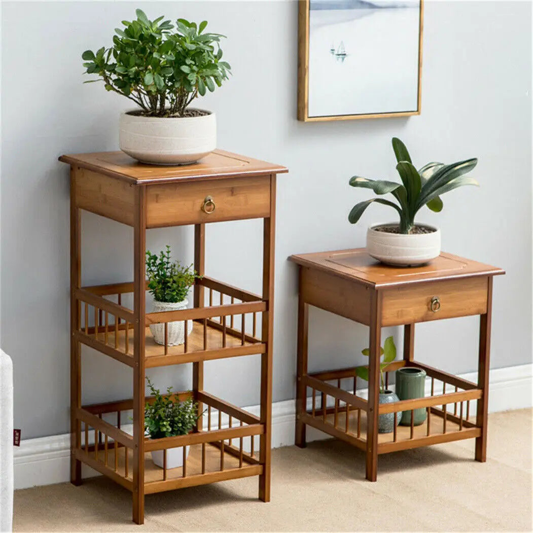 2/3 Tier Bamboo Bedside Table Sofa End Table with Drawer Plant Display Storage Shelf Unit