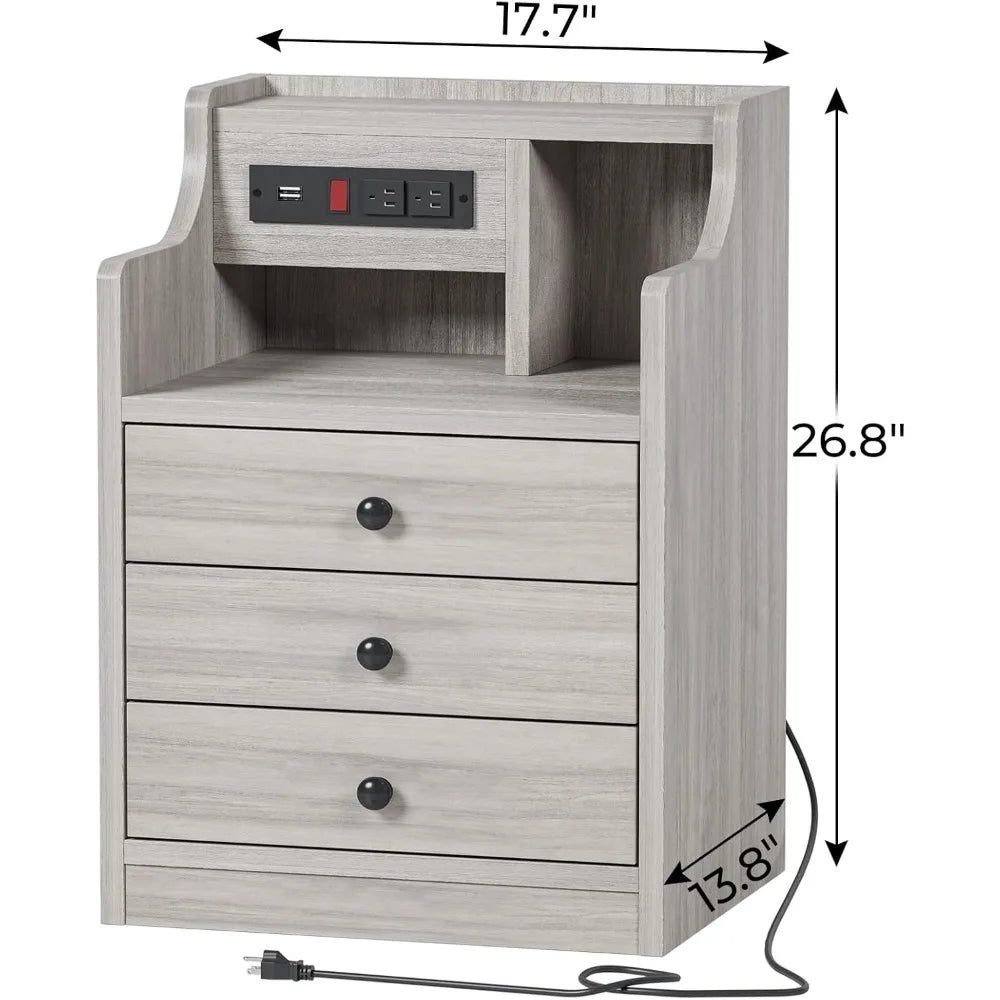 Nightstand Set 2,Gray Nightstand with Charging Station & Hutch,Night Stands for Bedrooms Set of 2,Bedside Table with Drawers