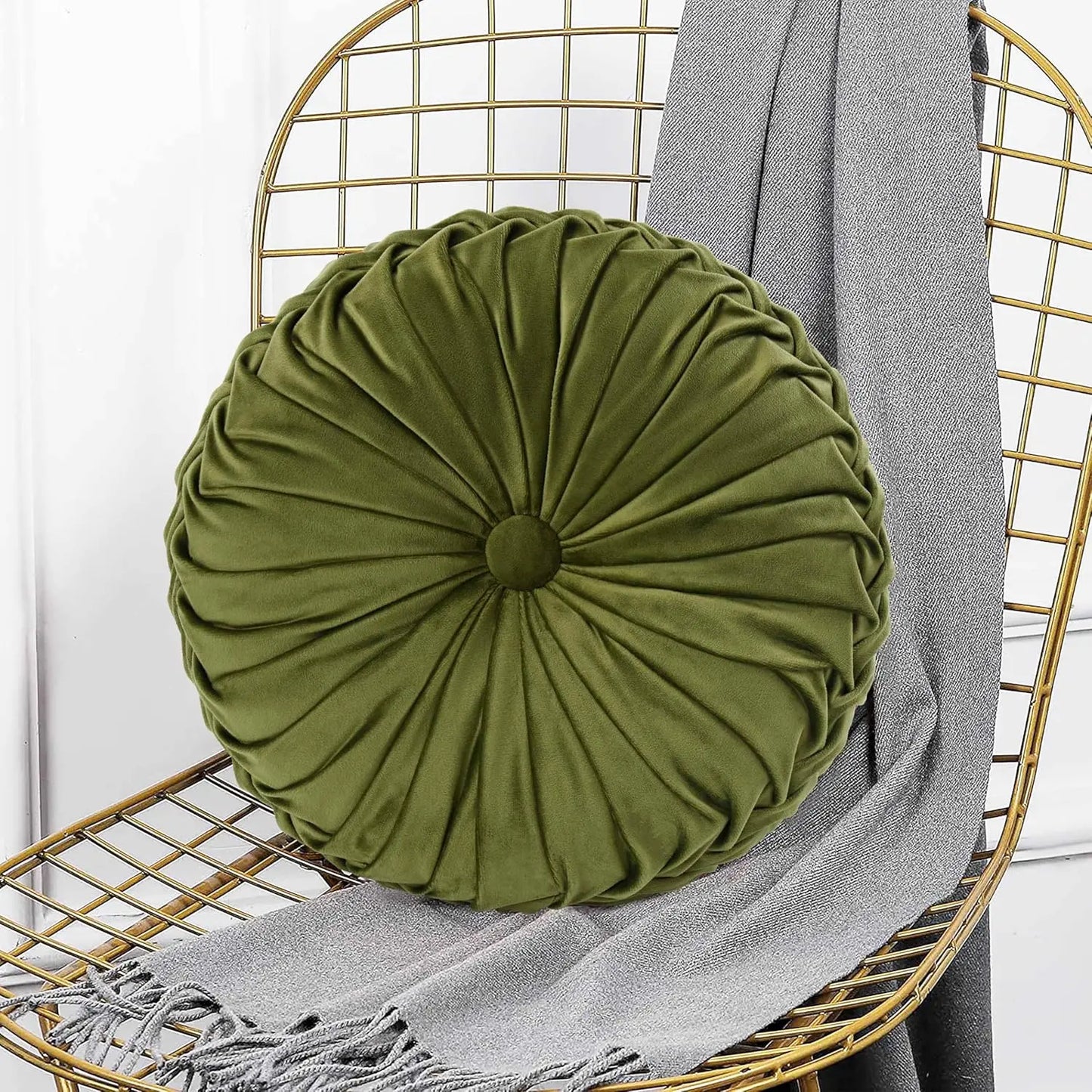 Set of 2 Round Pleated Throw Pillows, Vintage Velvet Accent Cushions for Sofa Bed Chair, Olive Green, 14.5" Diameter