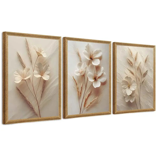 3Pcs Framed Neutral Beige Floral Canvas Wall art, Modern Simple Texture Plant Painting Wall Decor, Vintage Flower Poster Prints