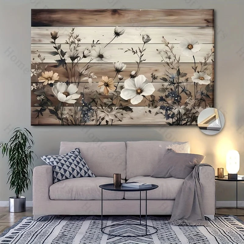 1Pc Framed Canvas Wall Art | White Daisies & Bluebells | Beige/Brown Wood Frame (Golden Hues) | Farmhouse Spring Floral Decor